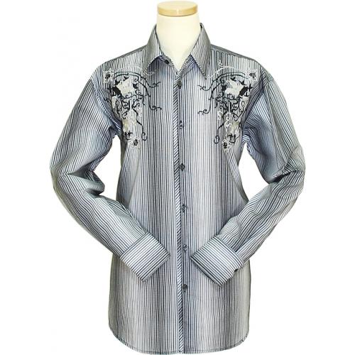 Pronti White / Black Velour Pinstripes With Embroidery Cotton Blend Long Sleeve Casual Shirt S1646
